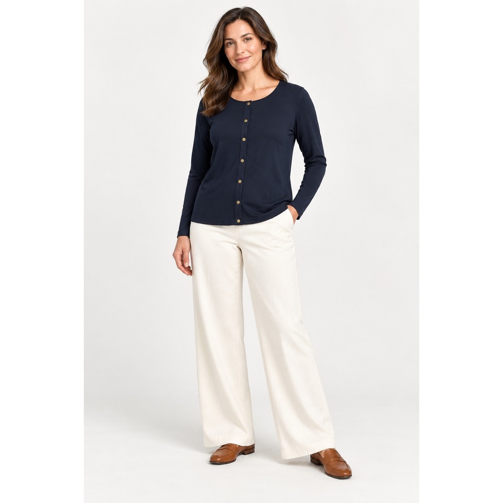 Lands End Navy Supima Cotton Cardigan Snap Front Old Money Minimalist M 10-12